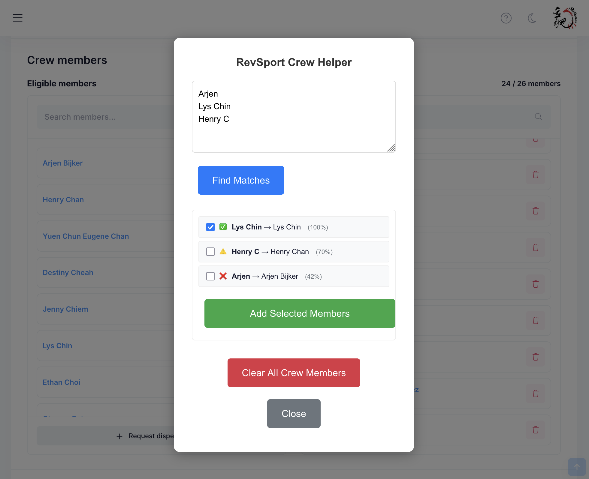A screenshot of the bookmarklet in action. We can see it fuzzy matching 3 names in a list