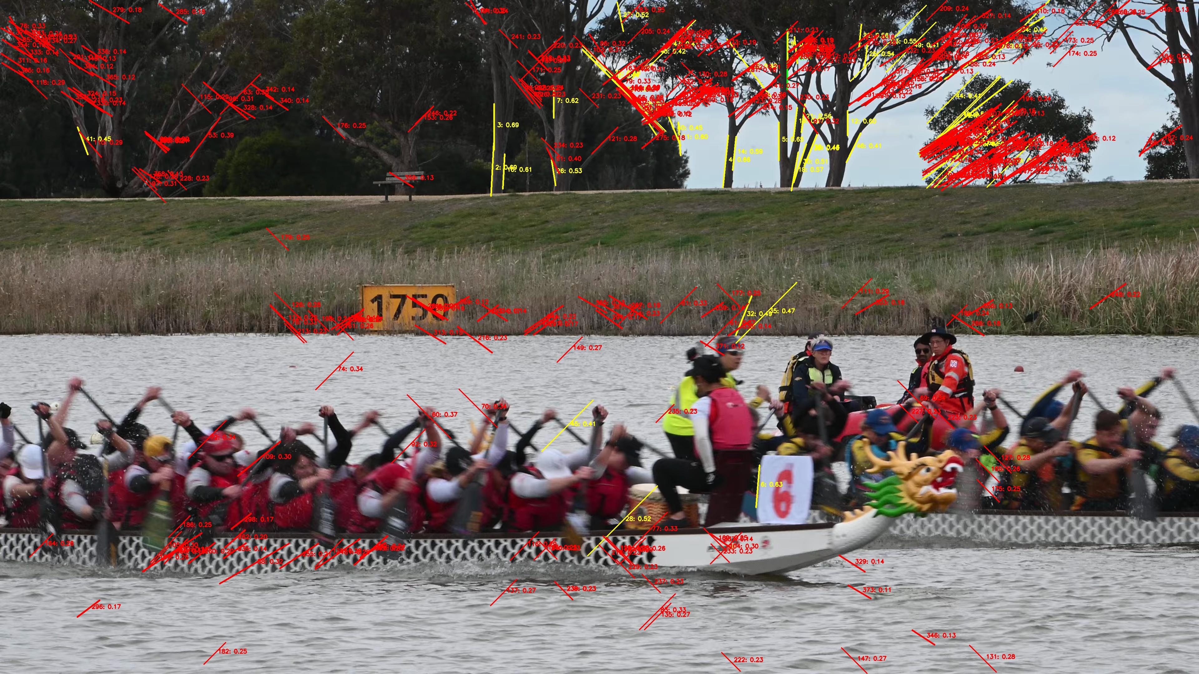 What I got - a picutre of a dragon boat team paddling, with an absoulte mess of false positive detections for paddles.  Most of which are tree branches in the background.